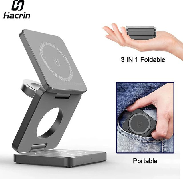 raugee 3 in 1 faltbare magnetische kabellose Ladestation für iPhone 15 14 13 12 Pro Max, Schwarz - Bild 1