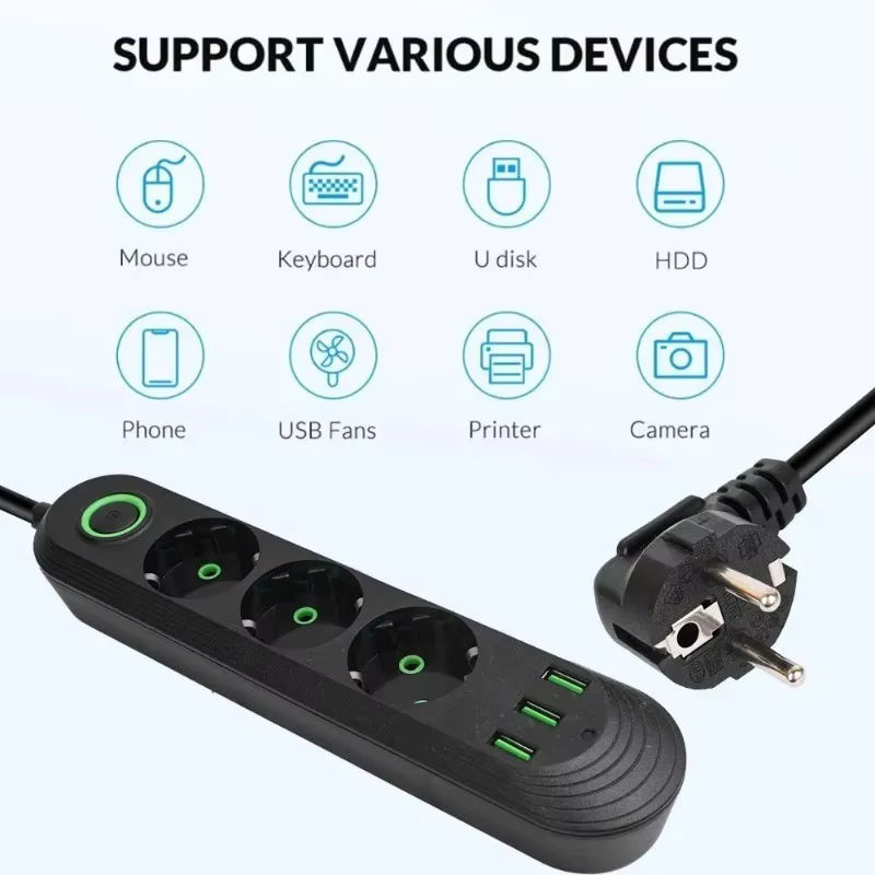 AXUS Steckdosenleiste in Schwarz mit 3 USB-Anschlüssen und 2m Verlängerungskabel, Mehrfachsteckdose bis 2500W mit EU-Stecker - Bild 2