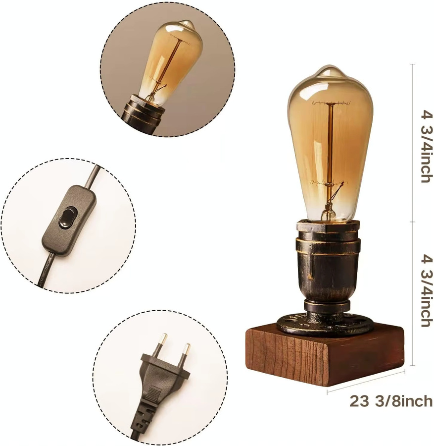 XIHOME Retro-Industrie Tischlampe aus Holz im Vintage-Design mit E27 Fassung - Bild 6