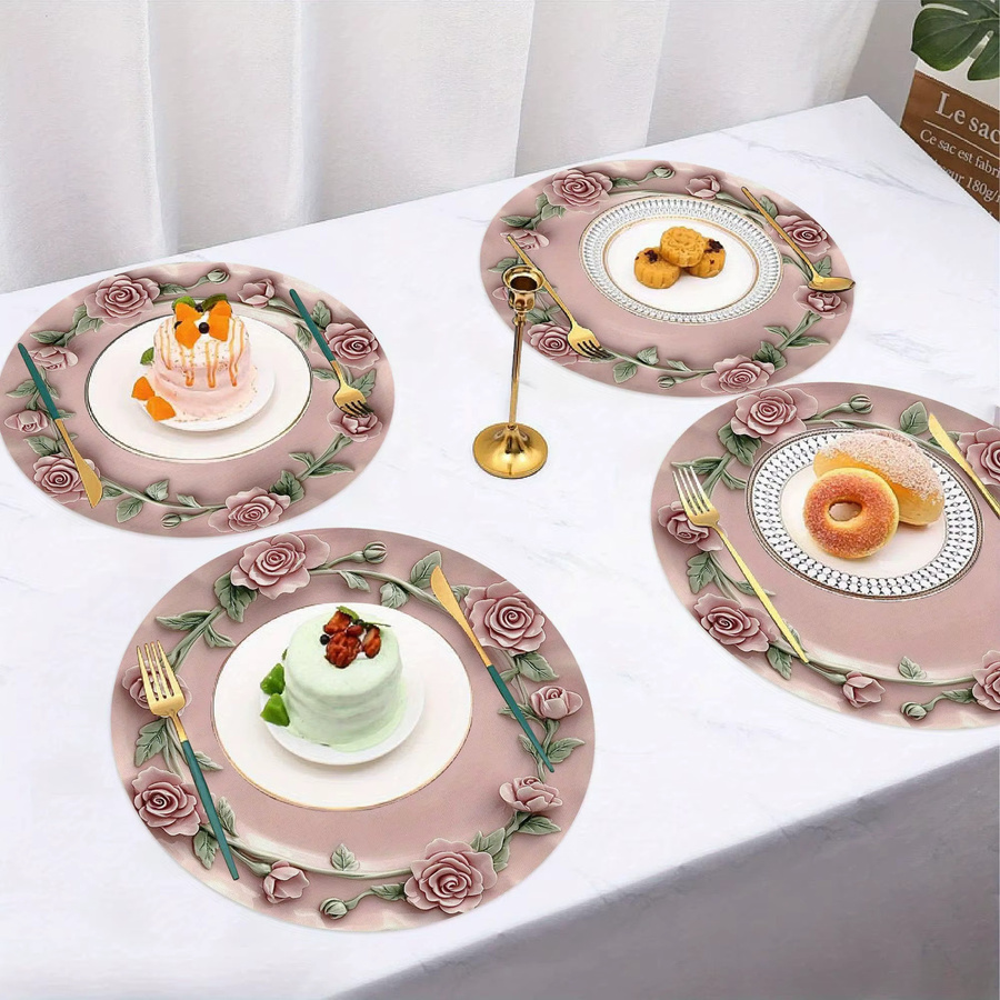 VIKAMA 4er Set Silikon Platzsets in Rosa mit Rosenblüten-Design, runde Hitzeschutzmatten für Esstisch und Restaurant - Bild 2