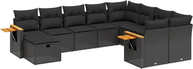 vidaXL 10-tlg. Garten-Sofagarnitur in L-Form aus Polyrattan und Akazienholz mit Kissen, Schwarz - Bild 1