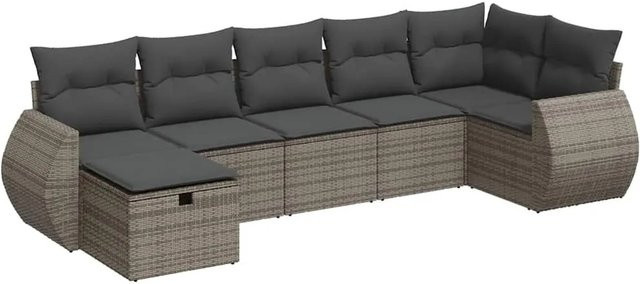 vidaXL 7-teilige Garten-Sofagarnitur in L-Form aus grauem Poly-Rattan mit Kissen und Ottoman - Bild 1