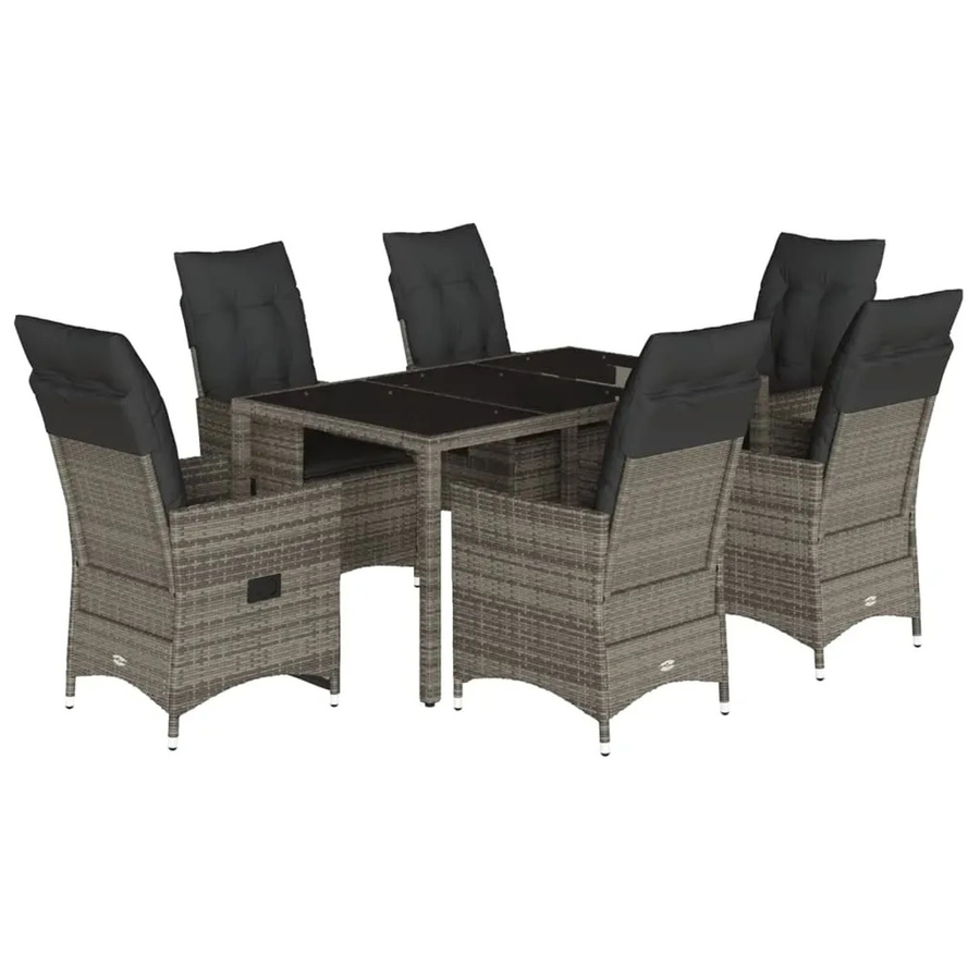 vidaXL 7-teilige Garten-Essgruppe aus Poly-Rattan in Grau mit Kissen und Hartglas-Tischplatte - Bild 2