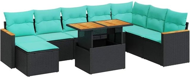 vidaXL 9-teilige Garten-Sofagarnitur aus Poly-Rattan und Akazienholz in Schwarz mit Kissen - Bild 1