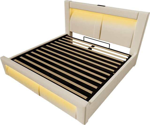 AB Store Doppelbett mit hydraulischem Lift und gepolstertem Kopfteil in Beige, H x B x T: 217 x 143 x 107 cm - Bild 1