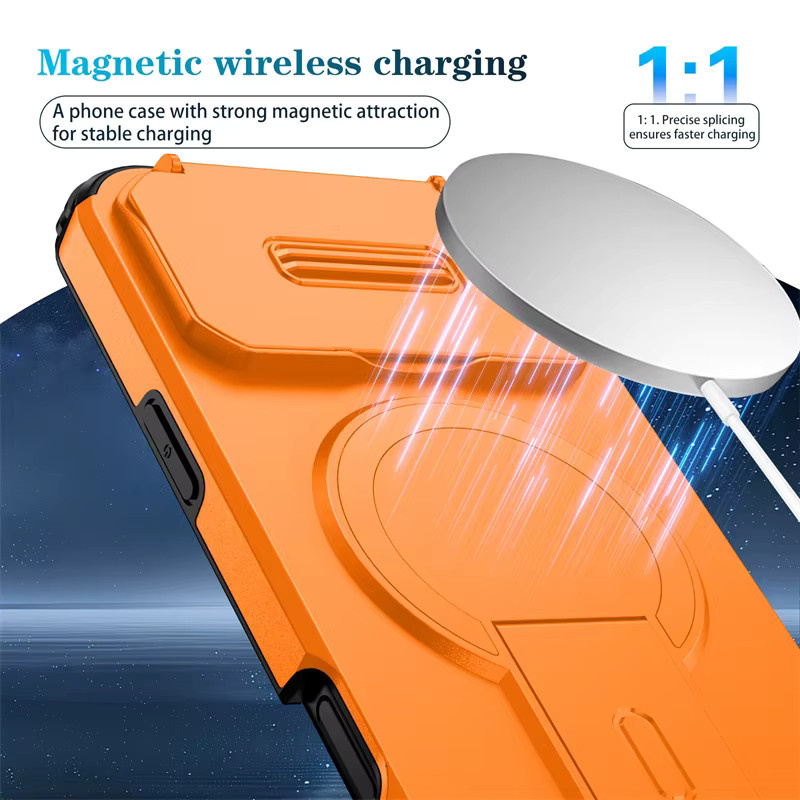 Magnetische MagSafe Schutzhülle von newteneight für iPhone 17 Air, 16 E, 15, 14, 13 Pro Max Plus Mini in Orange mit 3-in-1 versteckter Linse und klappbarem Ständer - Bild 6