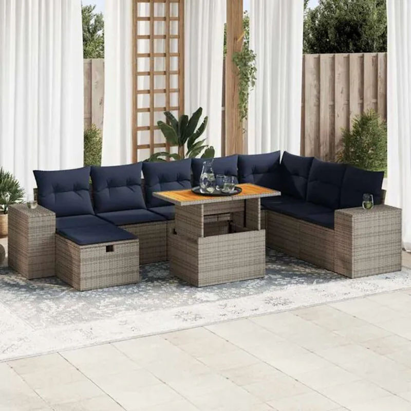 9-teilige Garten-Sofagarnitur mit Kissen aus Polyrattan und Akazie in Grau von vidaxl - Bild 1