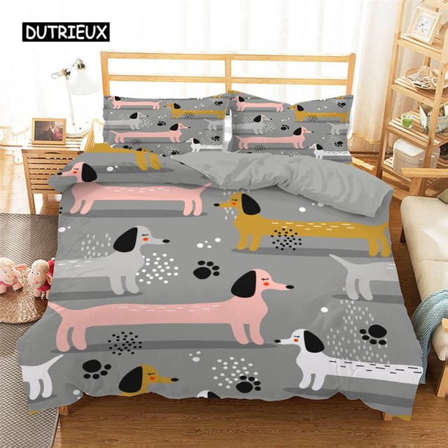 Bettwäsche-Set mit Dackel-Motiv von Binchi Outdoor Product, bunter Welpen-Bettbezug aus Polyester in Mehrfarbig, B/H: 180 x 210 cm - Bild 1