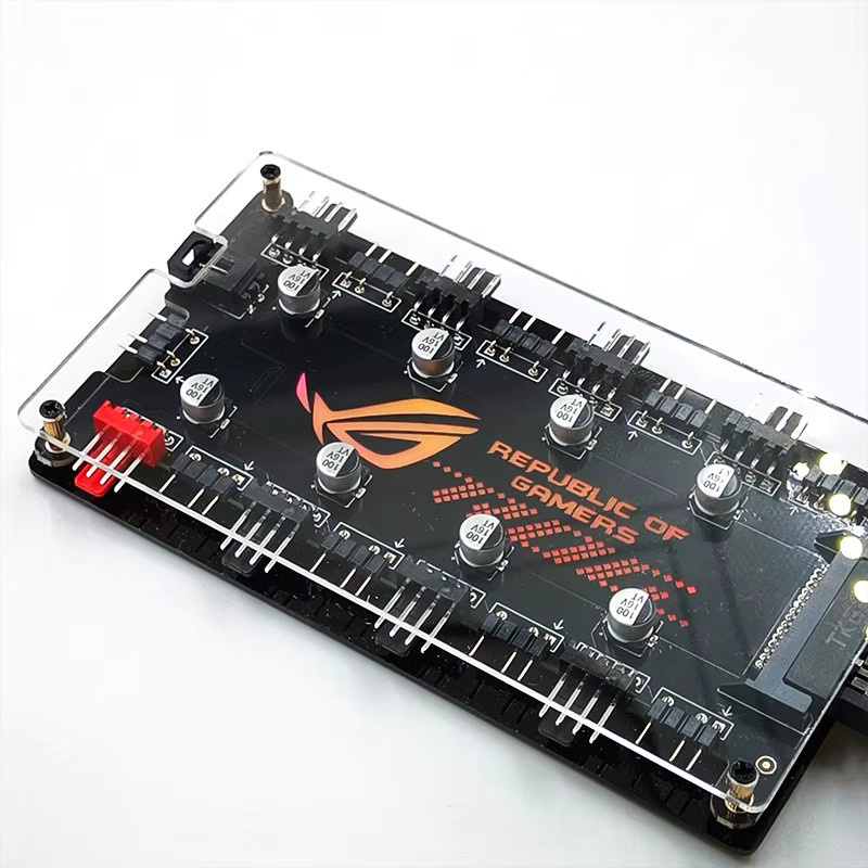AuyiHomu Dualer 8-Kanal-PWM-ARGB-Lüfter-Hub in Schwarz mit magnetischer Rückplatte und beleuchtetem Logo, unterstützt 5V 3-Pin und 12V 4-Pin Gehäuselüfter, SATA-Betrieb - Bild 5