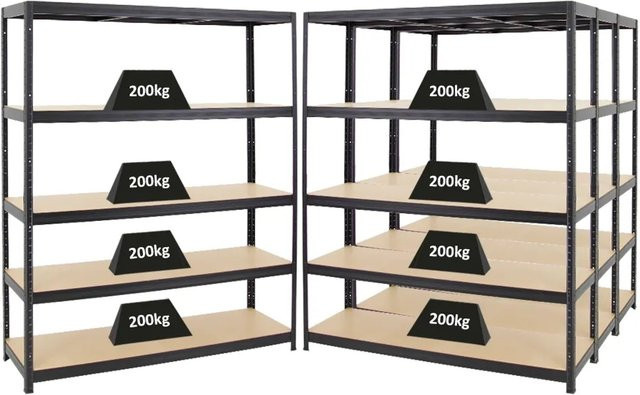 4er Set PROREGAL Schwerlastregal Giant Elephant aus Metall und MDF, Schwarz, H x B x T: 180 x 150 x 45 cm, Fachlast 200 kg, verstellbare Regalböden - Bild 1