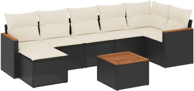 vidaXL 8-teilige Garten-Sofagarnitur in L-Form aus schwarzem Poly-Rattan mit Kissen und Akazienholz - Bild 1