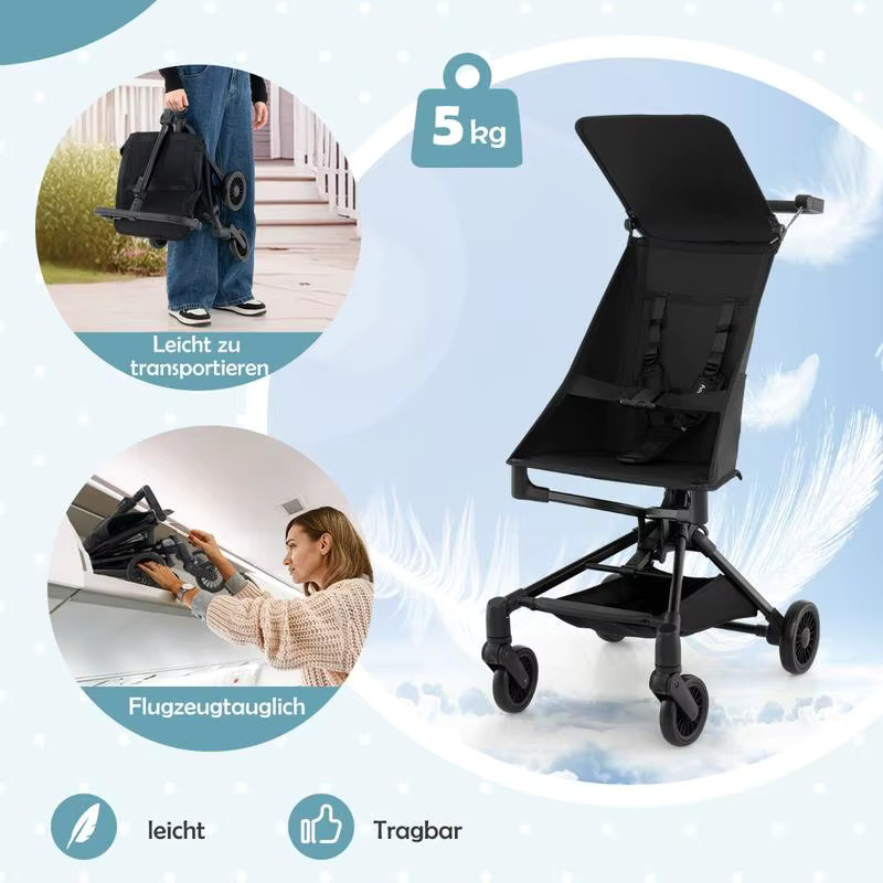 Schwarzer Reisebuggy Kompakter Leichtgewicht-Kinderwagen Flugzeugfreundlich mit Einhand-Faltfunktion und Schultergurt - Bild 6