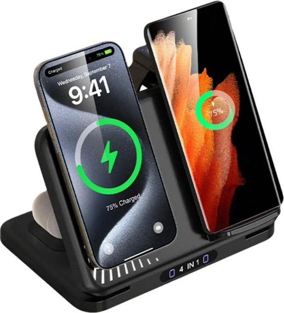 VIKEFON 4-in-1 Dual-Handy-Ladestation in Schwarz mit magnetischem Schnellladen für iPhone 12-17, Samsung S25, Xiaomi und Apple Watch sowie AirPods Pro - Bild 1
