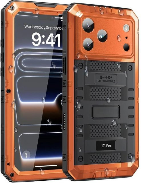 TOP-3C Wasserdichtes und robustes Metallgehäuse für iPhone 17 Pro Max, 17 Pro und 17 Air mit integriertem Displayschutz und militärischem Stoßschutz in Orange - Bild 1