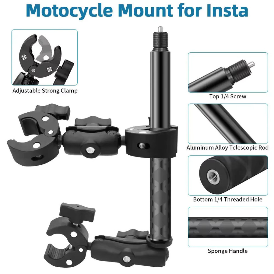 Erchang Motorrad-Montagesatz mit Doppelklemm-Lenker-Selfie-Stick für Insta360 X5 X4 X3 X2 RS und DJI GoPro, Schwarz - Bild 3