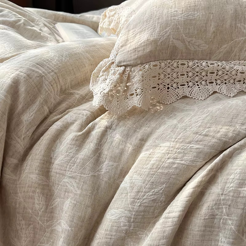 Fat Fairy HOME TEXTILE Bettwäsche Set aus Leinen und Baumwolle in Beige mit Jacquard-Blumenmuster und Vintage-Spitze, 4-teilig - Bild 2