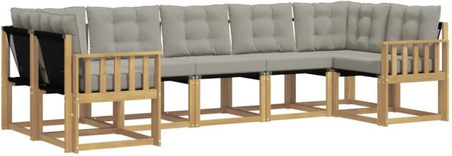 vidaXL Outdoor-Sofagarnitur 7-teilig in L-Form aus Akazienholz mit Textilene und Kissen in Weiß und Hellgrau - Bild 1