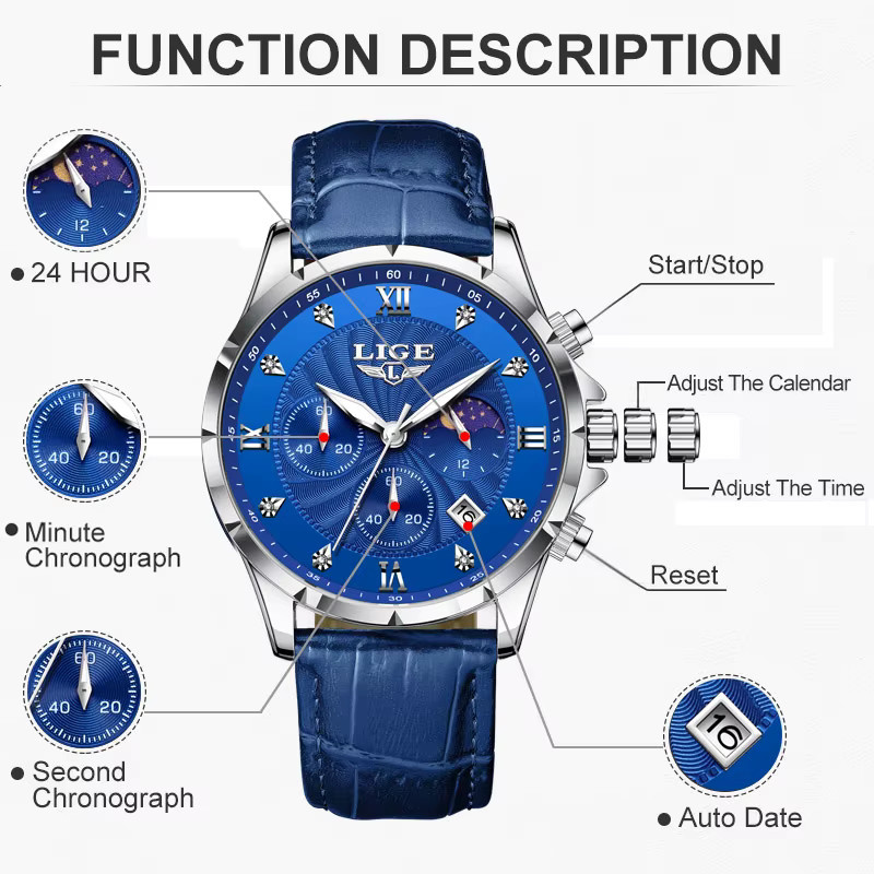 LIGE Armbanduhr, Quarz, Leder, Blau, Herren - Bild 6