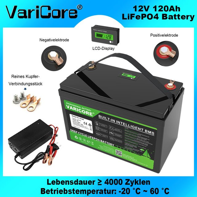 VariCore 4S BMS 12V 120Ah LiFePO4-Akku mit Kupferanschlüssen in Schwarz - Bild 1
