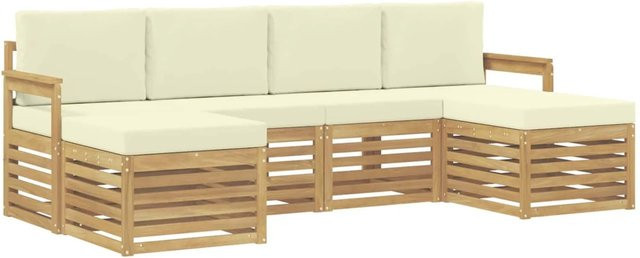 vidaXL Outdoor-Sofagarnitur 6-teilig aus Akazienholz in Weiß und Creme, L-Form mit Sitzkissen und Fußhockern, B/T/H: 249 x 122,5 x 73 cm - Bild 1