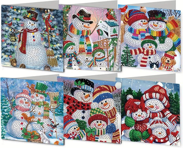 6 Weihnachtskarten mit Rautenmuster und DIY-Schneemannmotiven aus Papier, Mehrfarbig - Bild 1