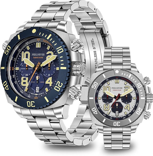 FeelNever Armbanduhr Quarz, Edelstahl, Schwarz, Herren, 500m Wasserdicht - Bild 1