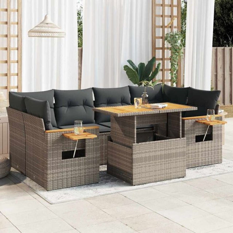 7-tlg. Garten-Sofagarnitur mit Kissen aus Polyrattan und Akazie in Grau von VIDAXL - Bild 1
