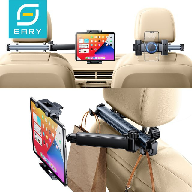Eary Tablet-Halterung für die Auto-Kopfstütze in Schwarz mit 360-Grad-Drehung, verstellbarem langen Arm und 2 Haken, passend für Geräte von 4,7 bis 12 Zoll - Bild 1