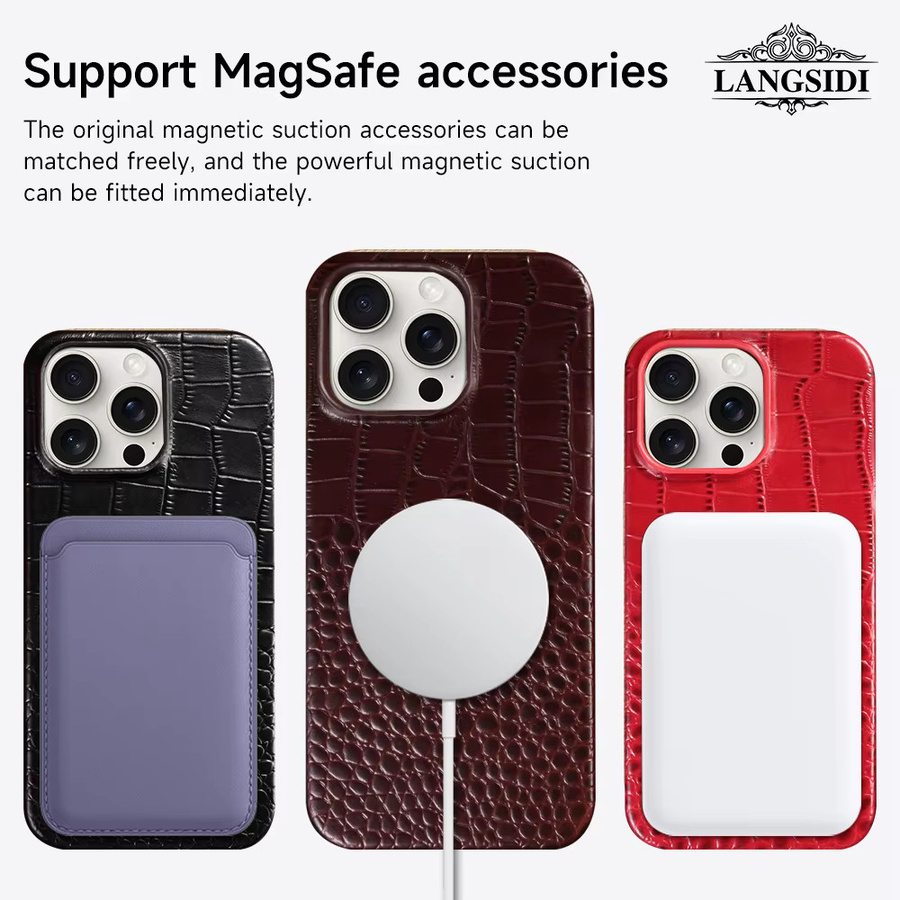 Luxuriöse MagSafe-Hülle aus Naturleder für iPhone 15, 16, 17 Pro Max und Pro in Rot oder Braun - Bild 2