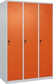 C+P Spind Classic PLUS Garderobenschrank mit 3 Abteilen, Höhe: 185 cm, Breite: 120 cm, Tiefe: 50 cm, Sicherheits-Drehriegel und 4 Garderobenhaken, Lichtgrau/Reinorange - Bild 1