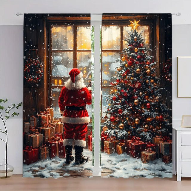 2er-Set Weihnachtsmann Vorhänge mit Ölgemälde-Print in Braun, Fensterdekoration für Schlafzimmer, Büro und Küche, Breite: 52,5 cm, Höhe: 116 cm - Bild 1