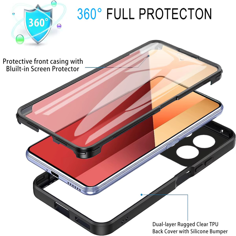 Stoßfeste 360 Grad Handyhülle für Xiaomi Poco M6 Pro 4G mit integriertem Displayschutz und transparenter Rückseite in Schwarz und Transparent - Bild 4
