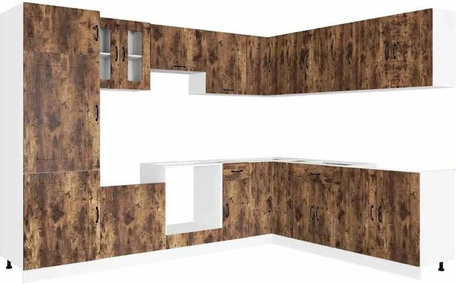 vidaXL Küchenschrank-Set Kalmar in Räuchereiche, 14-teiliges modernes Eckküchenset aus Holzwerkstoff mit Glas, Farbe Braun, H x B x T: 207,0 x 126,0 x 75,5 cm - Bild 1