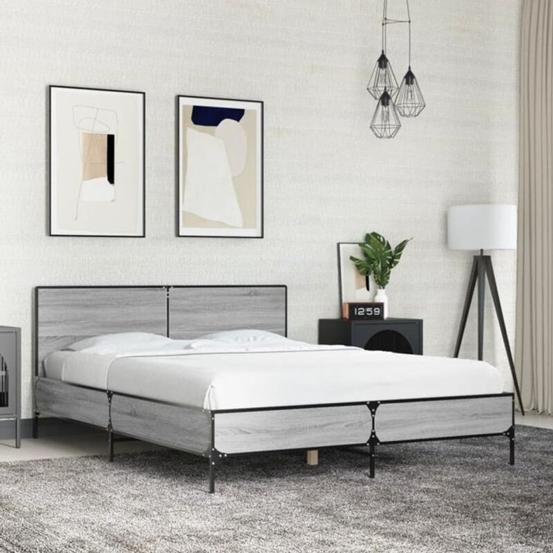 Bettgestell Vidaxl in Grau im Industrial Design aus Holzwerkstoff und Metall, B/T: 120 x 190 cm - Bild 1