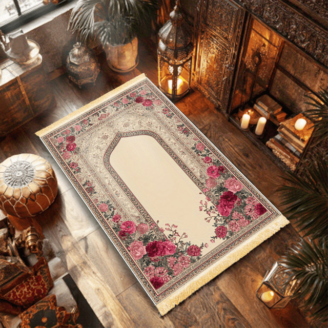 VIKAMA Gebetsteppich im Retro-Palast-Design in Beige-Rosa mit gelben Quasten - Bild 1