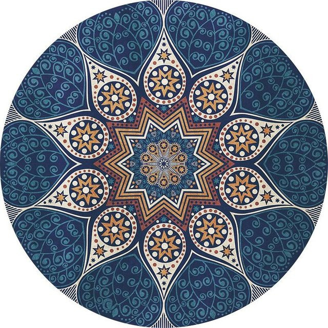 Runder Retro Teppich Lodestar in Blau mit böhmischem Ornament, weich und rutschfest, Durchmesser: 80 cm - Bild 1