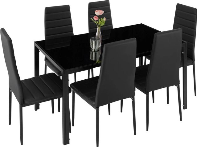tectake Esszimmergruppe Brandenburg 7-teilig mit Esstisch und 6 Stühlen in Schwarz mit Glasplatte und Kunstlederbezug, B/T/H: 150 x 90 x 98 cm - Bild 2