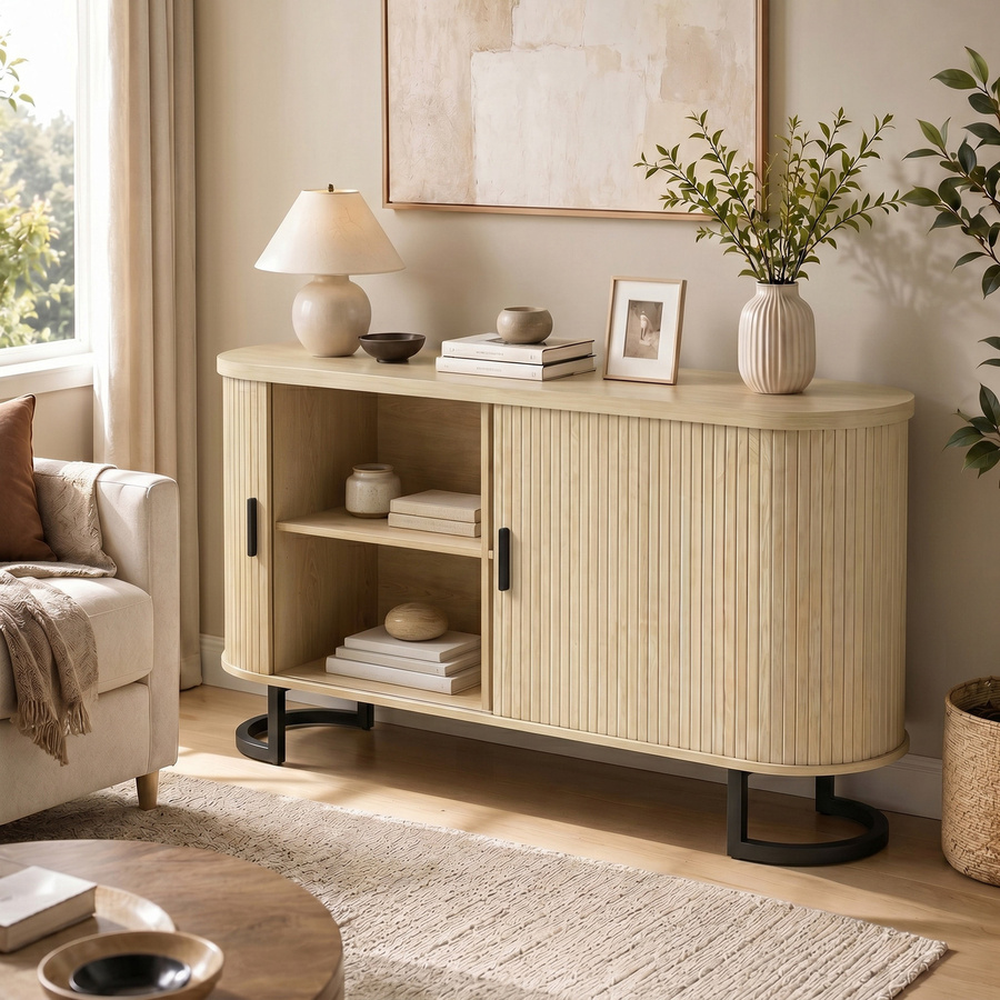 HOMCOM Sideboard in Naturholz mit 2 Schiebetüren und verstellbaren Regalen, modernes TV-Möbel und Buffet für Esszimmer oder Küche, B/T/H: 140 x 40 x 75 cm - Bild 2