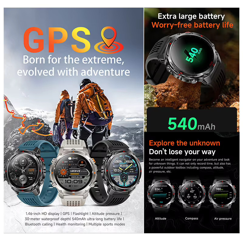 OUIO Militär-T-Rex 3 Ultra GPS-Smartwatch in Schwarz mit Taschenlampe, Herzfrequenzmessung und Sport-Tracker, 3 ATM wasserdicht, 540 mAh Akku - Bild 2