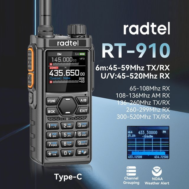 Radtel RT-910 Vollband-Walkie-Talkie in Schwarz mit 960 Kanälen, 45–59 MHz, NOAA-Spektrumanalysator, AM/FM und tragbarem Amateurfunk - Bild 1