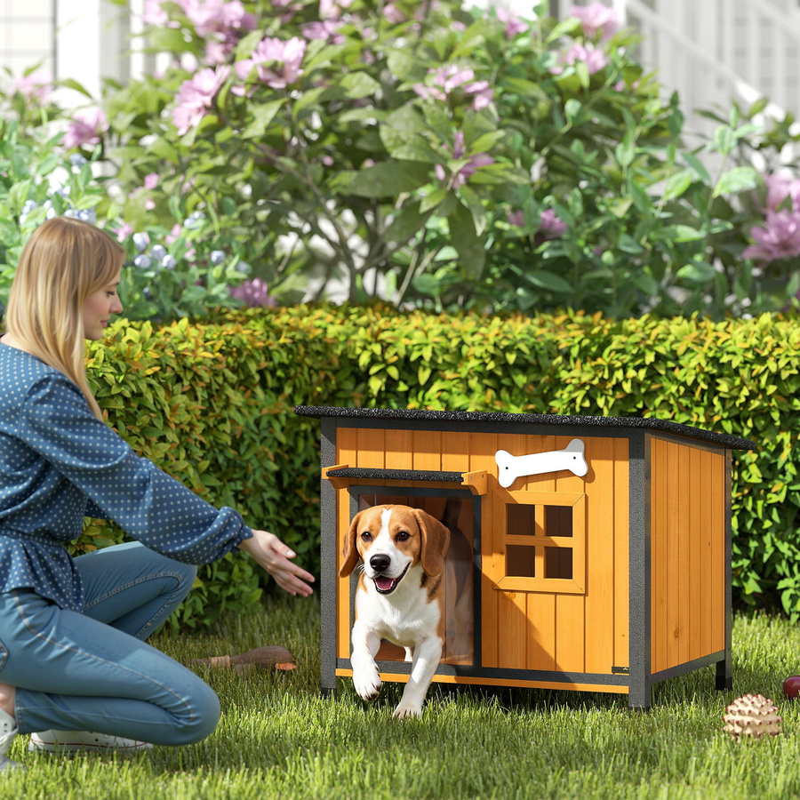 Aosom PawHut Hundehütte aus Holz mit kausicherem Stahlrahmen in Gelb und Braun, wetterfest mit öffnendem Dach, herausziehbarem Boden und Türvorhang für draußen und drinnen - Bild 2