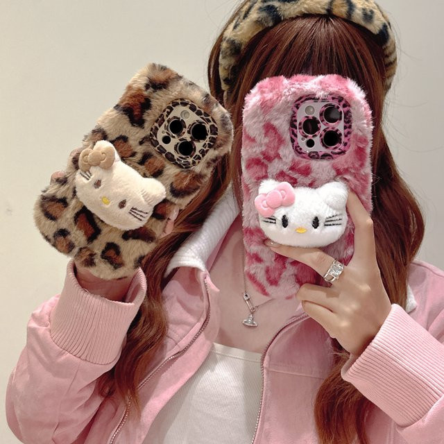 Sanrio Hello Kitty Handyhülle mit Leopardenmuster und Plüsch in Pink für iPhone 11 bis iPhone 17 Pro Max - Bild 1