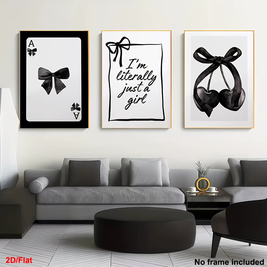 3-teiliges dekoratives Kunstset von Potdemiel mit schwarzer Schleife als rahmenlose Leinwand-Ölgemälde im modernen College-Stil - Bild 1