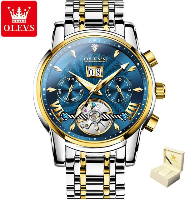OLEVS Armbanduhr, Automatik, Edelstahl, Blau, Gold, Herren, 41 mm - Bild 1