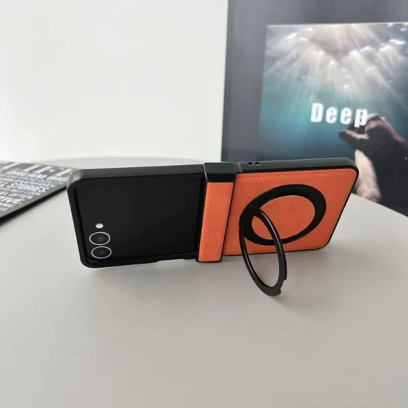Samsung Galaxy Z Flip 7 FE 6 5 4 3 Business Schutzhülle aus PU Leder mit Magnetischer Ladung, Ringhalterung und Scharnier-Schutz in Schwarz - Bild 3