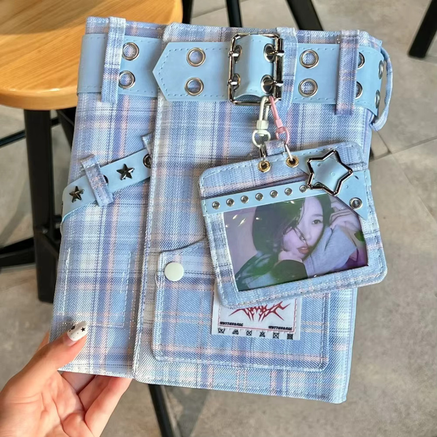 Koreanisches Vintage Fotokartenalbum im Denim-Look mit Karomuster und Sternen, A5 Ringbuch Journal für K-Pop Idol Polaroid Sammelkarten, Blau - Bild 1