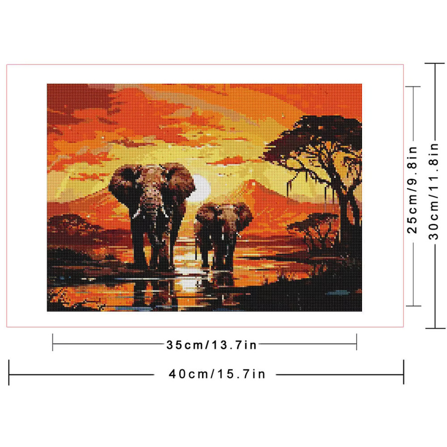 Huacan Diamant-Mosaik Set Elefant in Landschaft mit Sonnenuntergang, rund, Mehrfarbig, Durchmesser: 30 cm - Bild 2