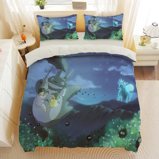 Flylo Bettwäsche-Set mit Cartoon-Aufdruck Mein Nachbar Totoro in Blau, bestehend aus Bettbezug und Kissenbezügen aus Mikrofaser, B/H: 135 x 100 cm - Bild 1