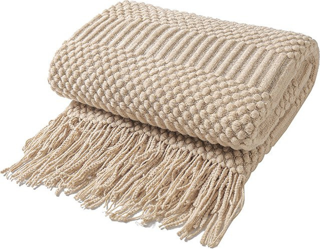 Inyahome Boho Überwurfdecke gestrickt mit Quasten in Khaki und Beige-Weiß, kariertes Design, B/T: 172 x 127 cm - Bild 1