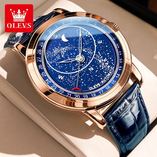 OLEVS Armbanduhr, Automatik, Mondphase, Blau, Leder, Herren - Bild 1